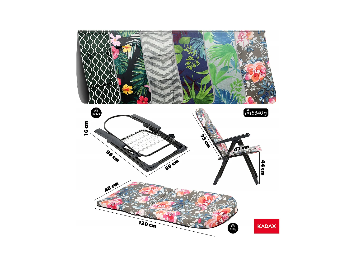 Chaise de jardin KADAX avec dossier réglable, chaise relax en acier thermolaqué, chaise pliante avec capacité de charge jusqu'à 110 kg, chaise longue avec coussin