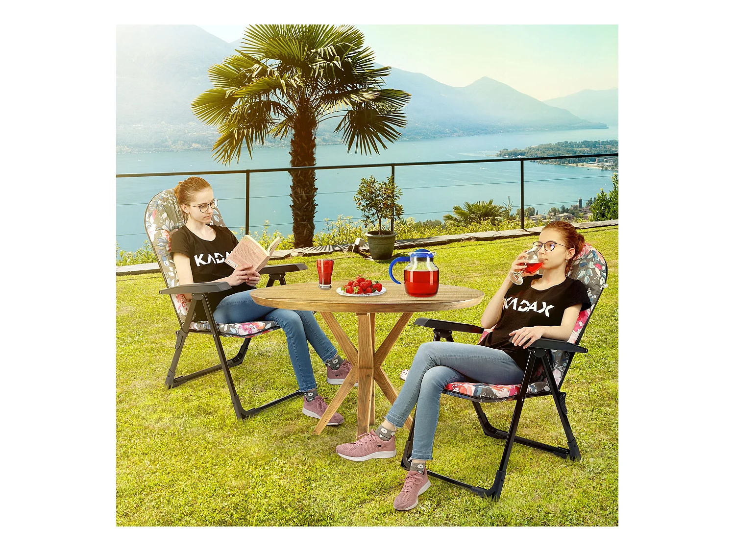 Chaise de jardin KADAX avec dossier réglable, chaise relax en acier thermolaqué, chaise pliante avec capacité de charge jusqu'à 110 kg, chaise longue avec coussin