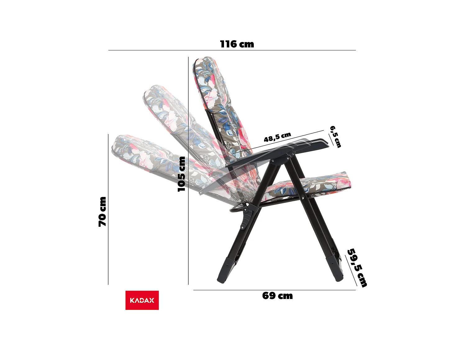 Chaise de jardin KADAX avec dossier réglable, chaise relax en acier thermolaqué, chaise pliante avec capacité de charge jusqu'à 110 kg, chaise longue avec coussin