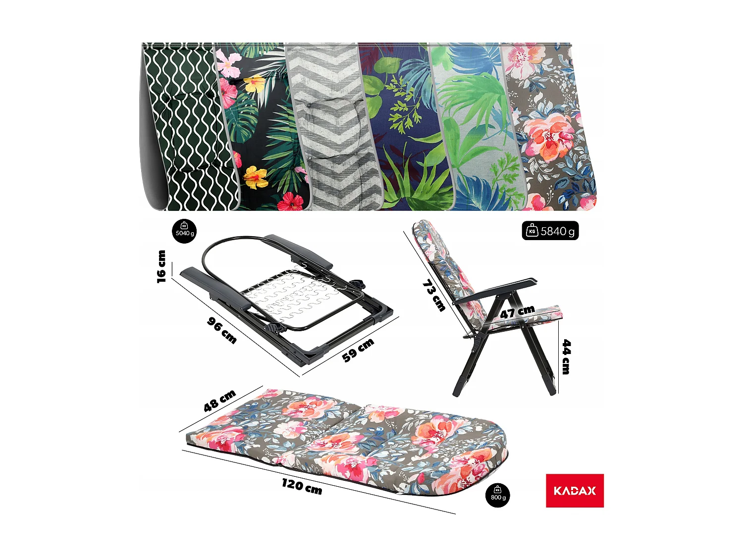 KADAX Tumbona de jardín y playa ajustable 110 kg