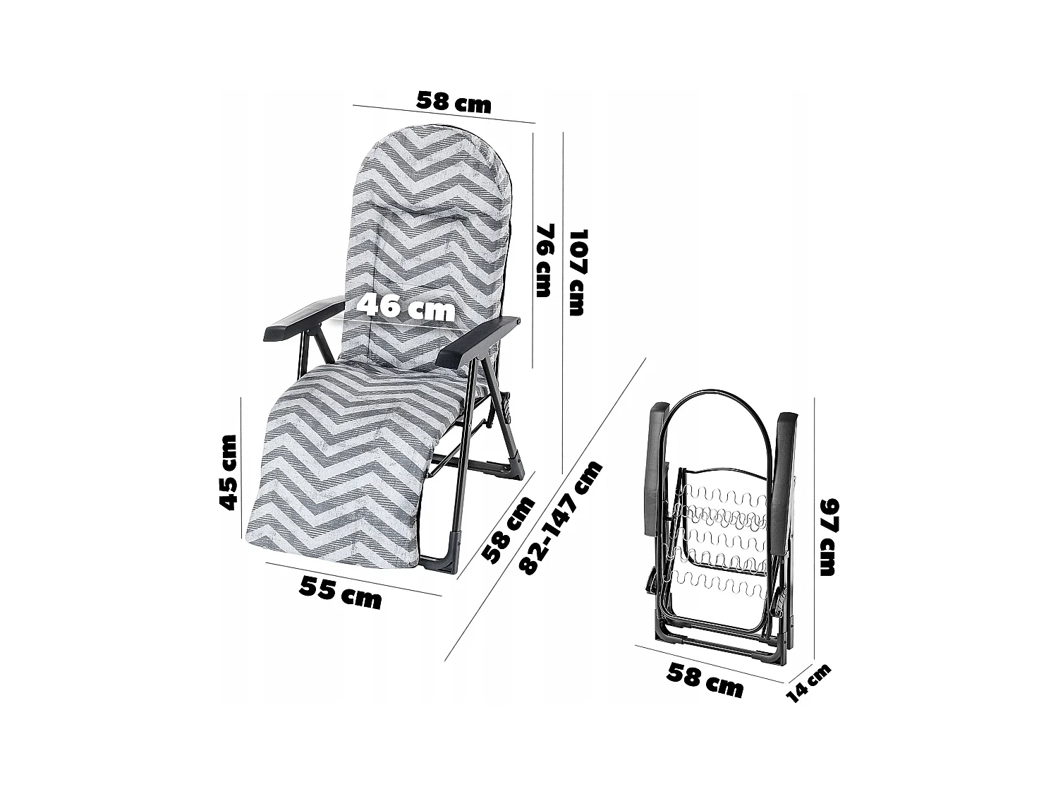 Chaise de jardin KADAX avec dossier réglable, chaise relax en acier thermolaqué, chaise pliante avec capacité de charge jusqu'à 110 kg, chaise longue avec coussin
