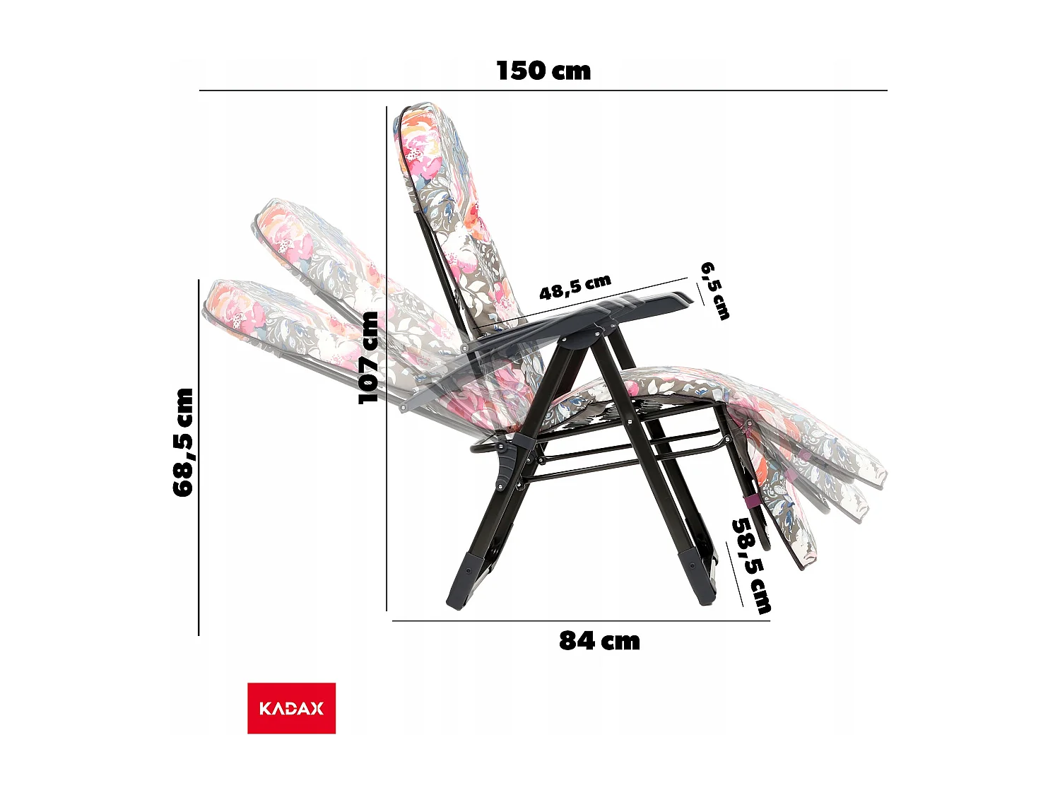 Chaise de jardin KADAX avec dossier réglable, chaise relax en acier thermolaqué, chaise pliante avec capacité de charge jusqu'à 110 kg, chaise longue avec coussin