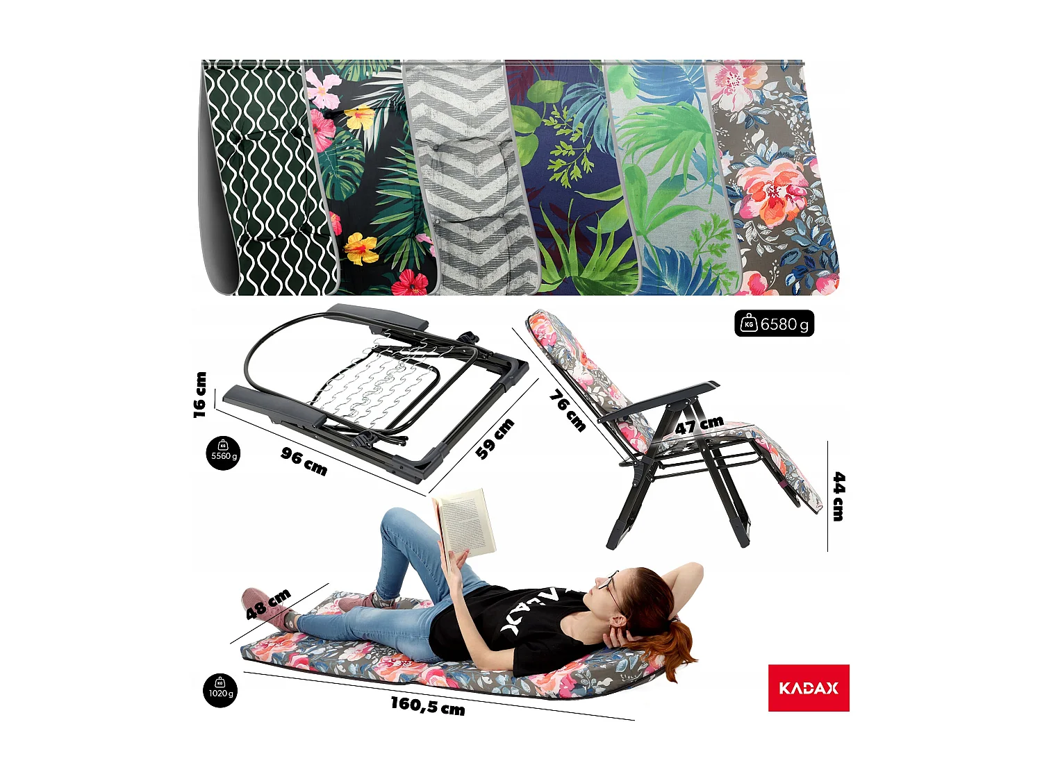 Chaise de jardin KADAX avec dossier réglable, chaise relax en acier thermolaqué, chaise pliante avec capacité de charge jusqu'à 110 kg, chaise longue avec coussin