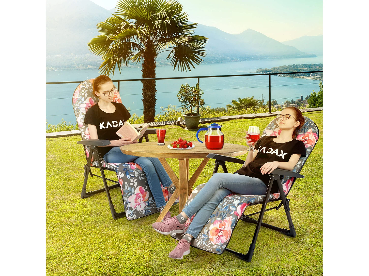 Chaise de jardin KADAX avec dossier réglable, chaise relax en acier thermolaqué, chaise pliante avec capacité de charge jusqu'à 110 kg, chaise longue avec coussin