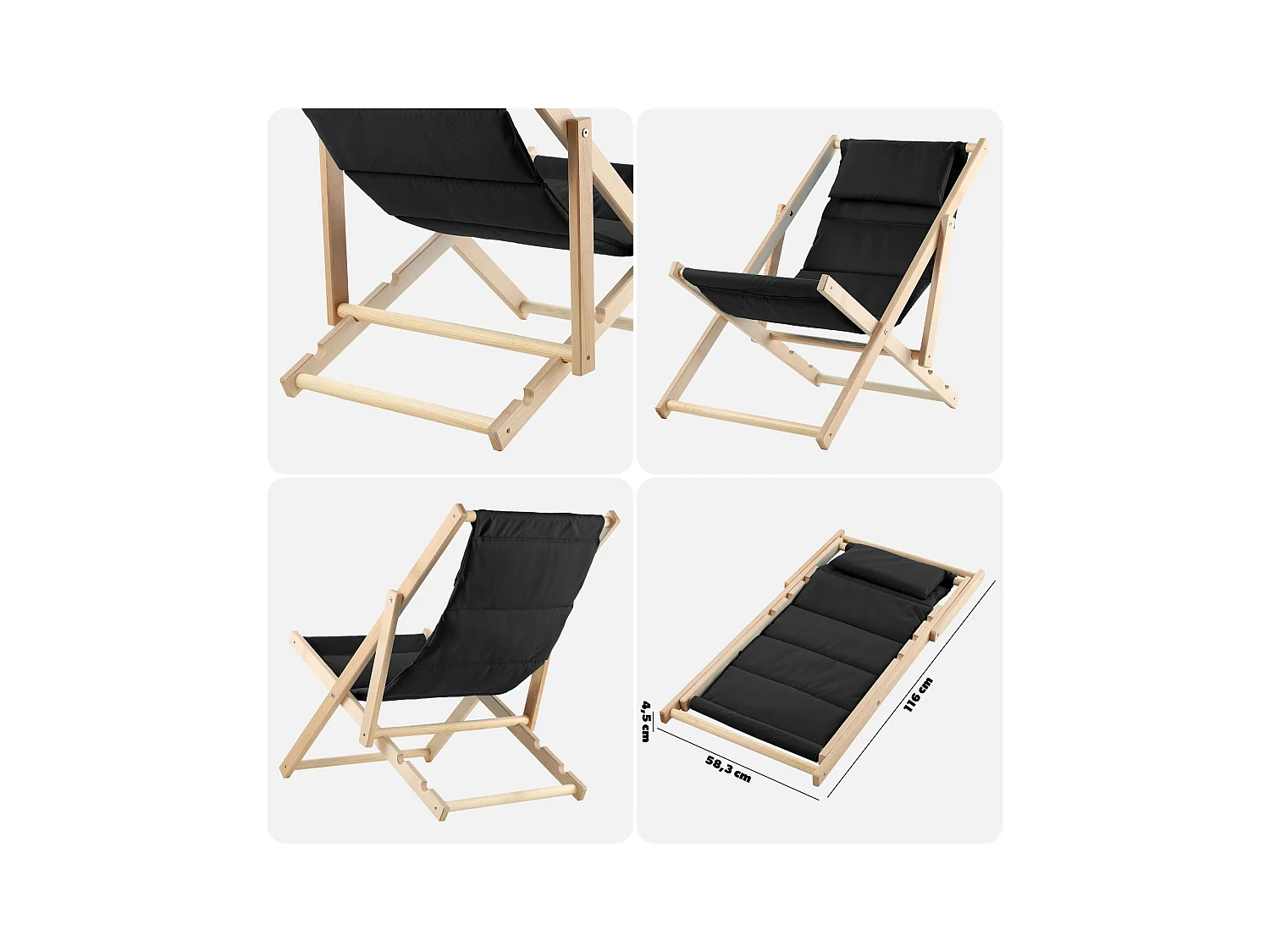 KADAX Holzgarten-Strandliegestuhl, klappbares Kissen, schwarz, polnischer Hersteller