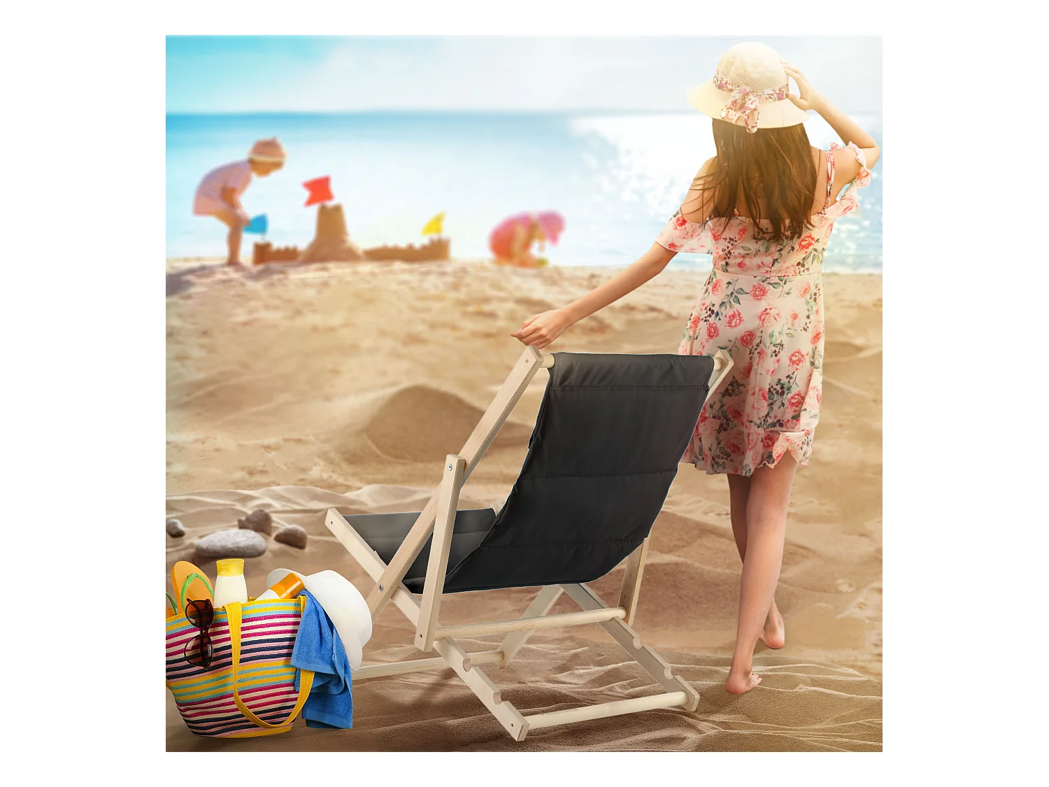 KADAX Holzgarten-Strandliegestuhl, klappbares Kissen, schwarz, polnischer Hersteller