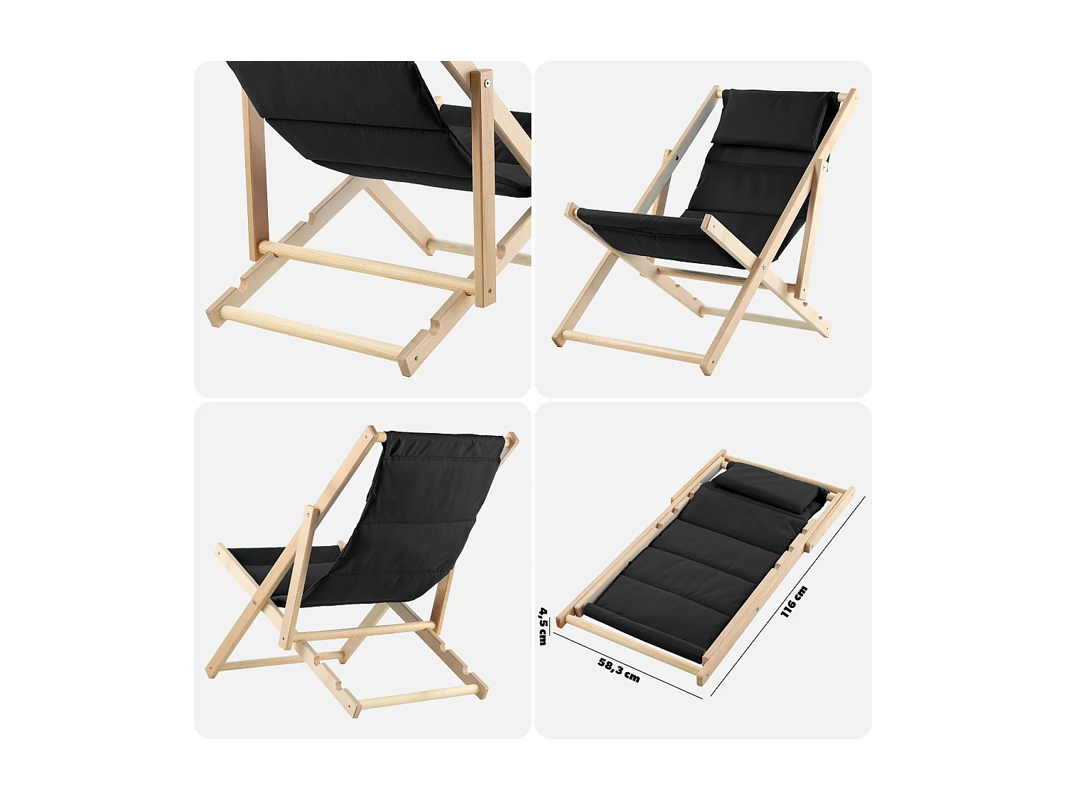 KADAX Bain de soleil, chaise de plage en bois, transat jusqu'à 120 kg, bain de soleil en bois de hêtre, chaises pliantes en bois, chaise de plage, chaise de plage