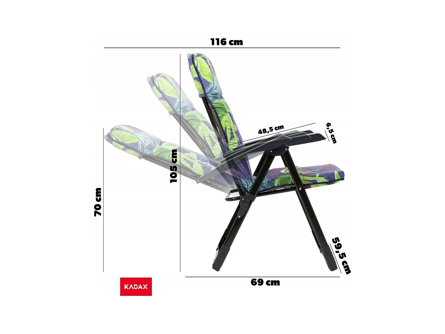 Chaise de jardin KADAX avec dossier réglable, chaise relax en acier thermolaqué, chaise pliante avec capacité de charge jusqu'à 110 kg, chaise longue avec coussin