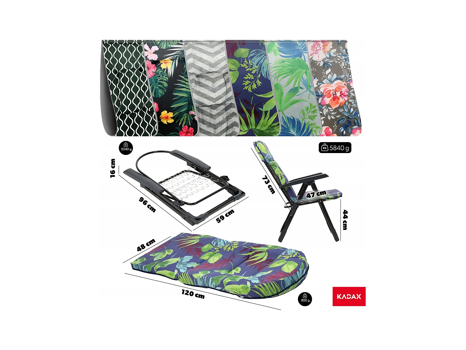 Chaise de jardin KADAX avec dossier réglable, chaise relax en acier thermolaqué, chaise pliante avec capacité de charge jusqu'à 110 kg, chaise longue avec coussin