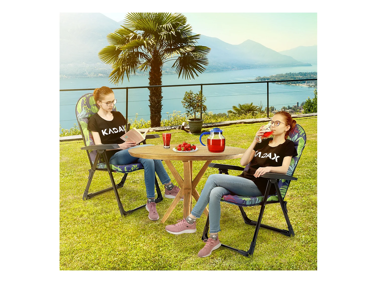 Chaise de jardin KADAX avec dossier réglable, chaise relax en acier thermolaqué, chaise pliante avec capacité de charge jusqu'à 110 kg, chaise longue avec coussin