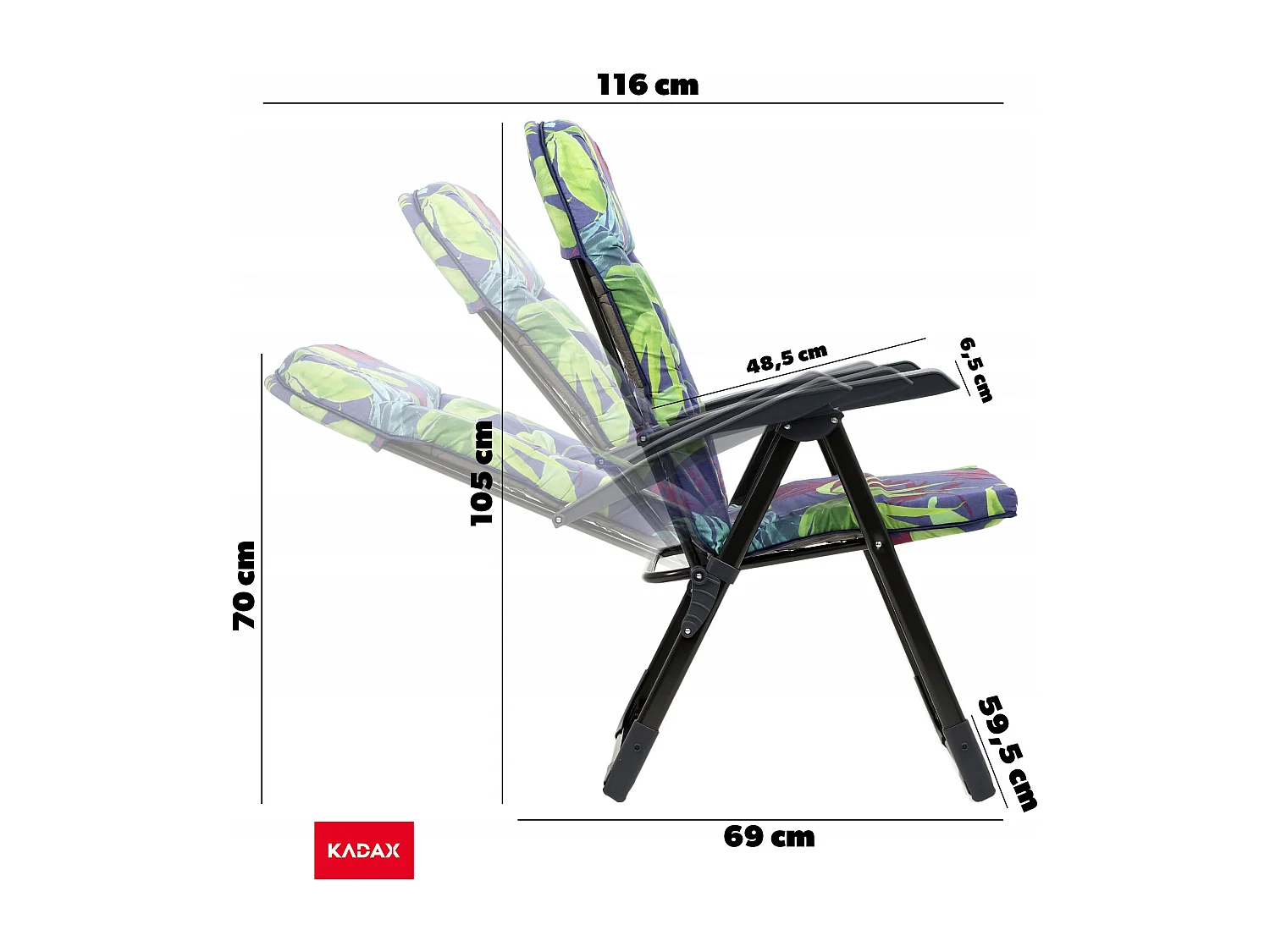Chaise de jardin KADAX avec dossier réglable, chaise relax en acier thermolaqué, chaise pliante avec capacité de charge jusqu'à 110 kg, chaise longue avec coussin