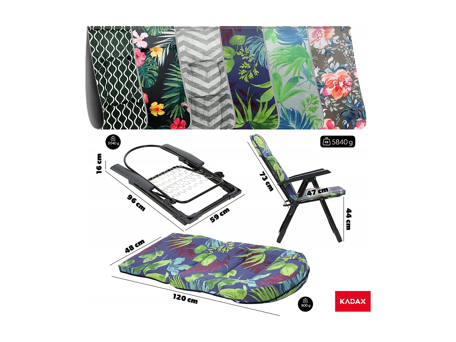 Chaise de jardin KADAX avec dossier réglable, chaise relax en acier thermolaqué, chaise pliante avec capacité de charge jusqu'à 110 kg, chaise longue avec coussin