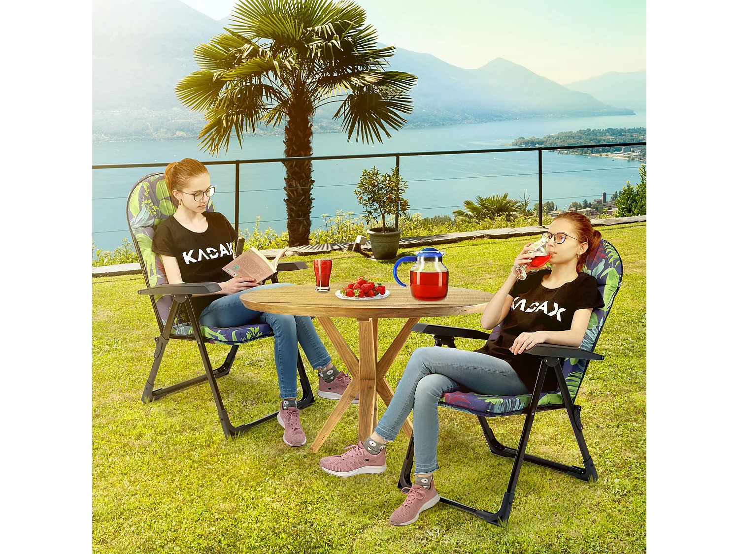 Chaise de jardin KADAX avec dossier réglable, chaise relax en acier thermolaqué, chaise pliante avec capacité de charge jusqu'à 110 kg, chaise longue avec coussin