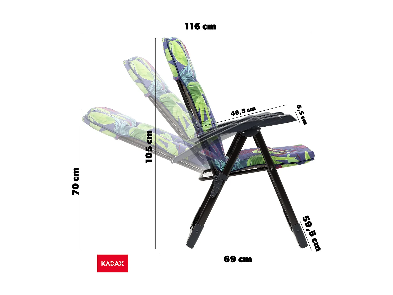 Chaise de jardin KADAX avec dossier réglable, chaise relax en acier thermolaqué, chaise pliante avec capacité de charge jusqu'à 110 kg, chaise longue avec coussin