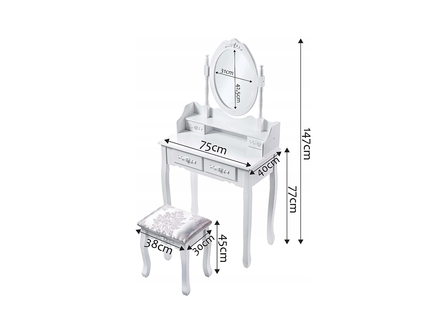 Coiffeuse KADAX avec miroir, tiroir et tabouret, 75 x 40 x 147 cm, coiffeuse, coiffeuse de chambre, armoire (blanc)