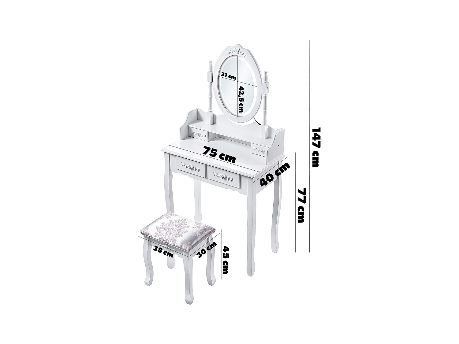 Coiffeuse KADAX avec miroir, tiroir et tabouret, 75 x 40 x 147 cm, coiffeuse, coiffeuse de chambre, armoire (blanc)