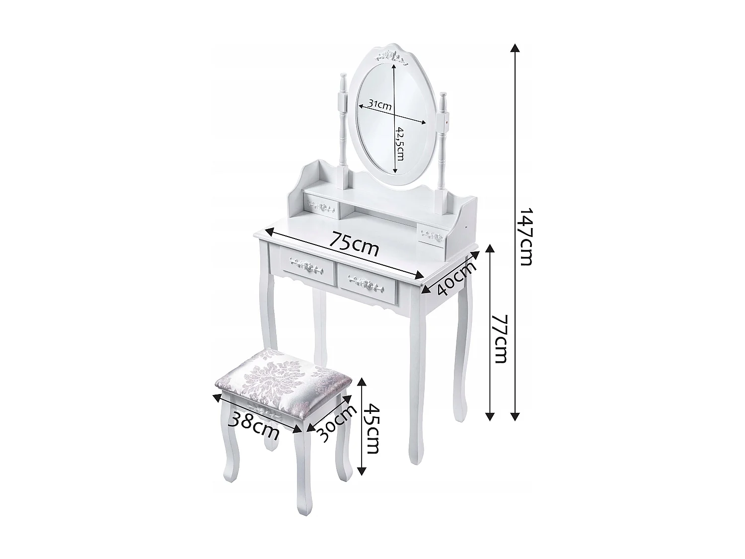 Coiffeuse KADAX avec miroir, tiroir et tabouret, 75 x 40 x 147 cm, coiffeuse, coiffeuse de chambre, armoire (blanc)