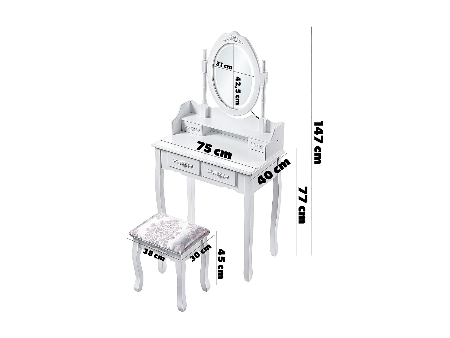 Coiffeuse KADAX avec miroir, tiroir et tabouret, 75 x 40 x 147 cm, coiffeuse, coiffeuse de chambre, armoire (blanc)