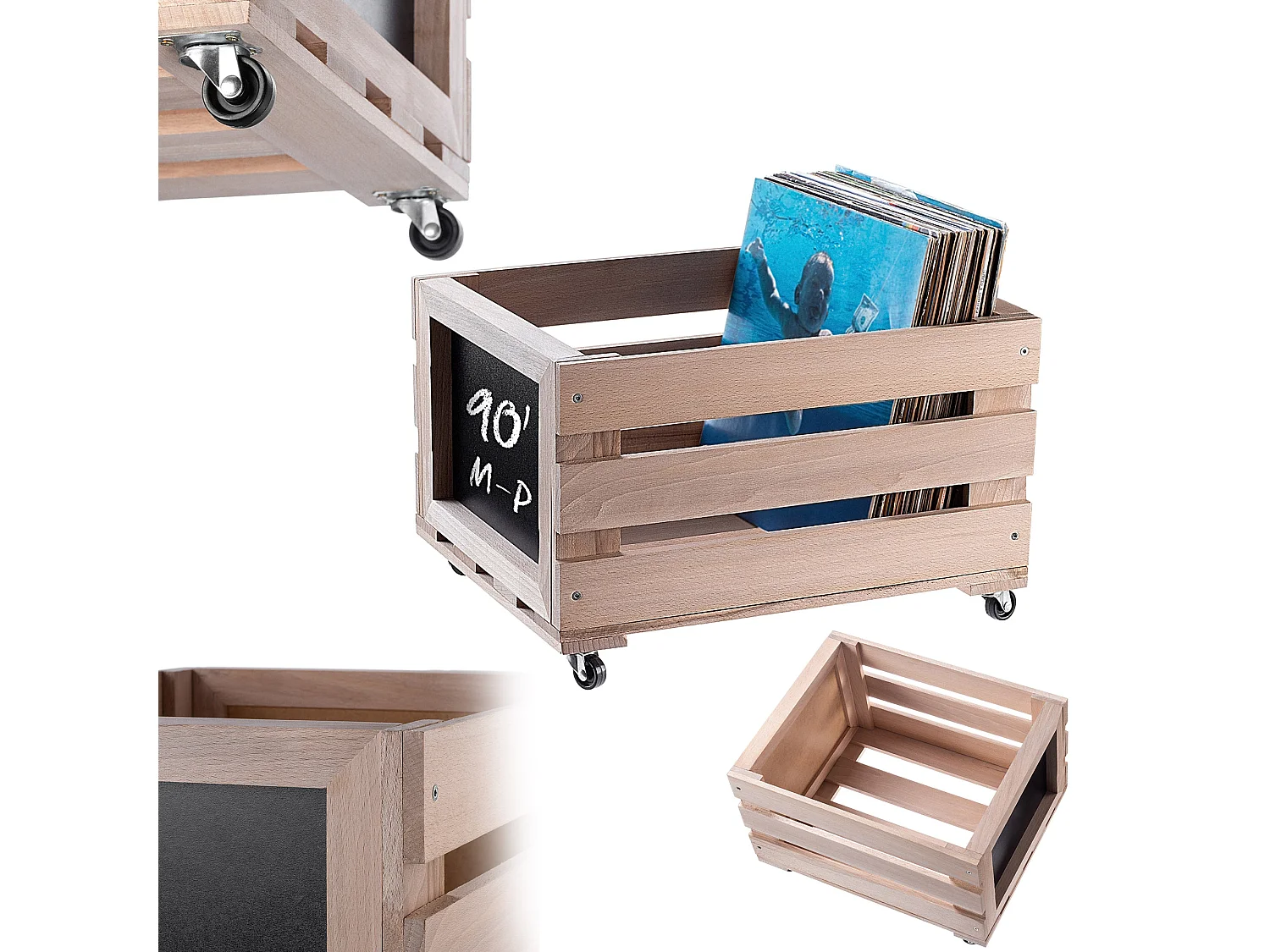 Caja de almacenamiento de discos de vinilo KADAX, caja de madera para guardar discos con ruedas, resistente, marrón, 36,5 x 45,5 x 28,5 cm