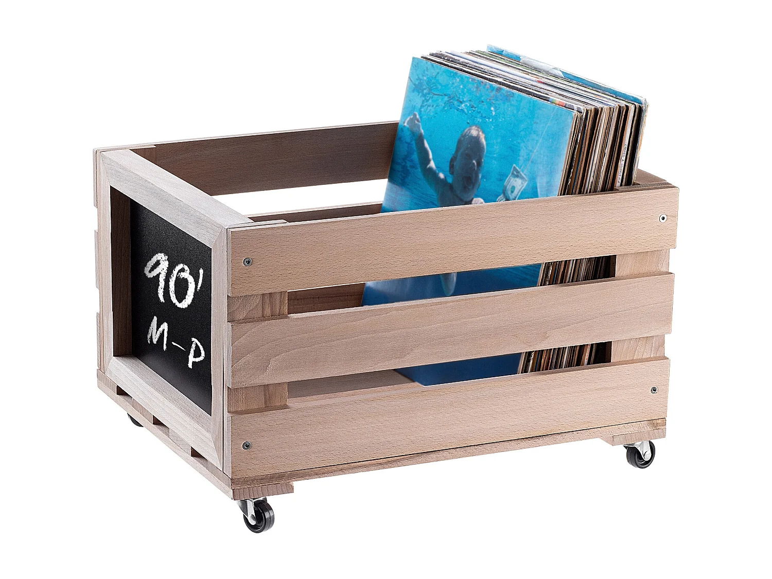 Caja de almacenamiento de discos de vinilo KADAX, caja de madera para guardar discos con ruedas, resistente, marrón, 36,5 x 45,5 x 28,5 cm