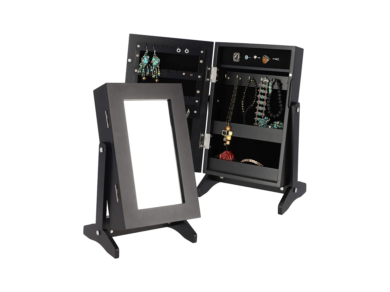 Coffret à bijoux KADAX avec miroir, 21 x 15 x 30,5 cm, boîte en panneau MDF, boîte à bijoux avec pieds, écrin à bijoux pour colliers, bagues (noir)