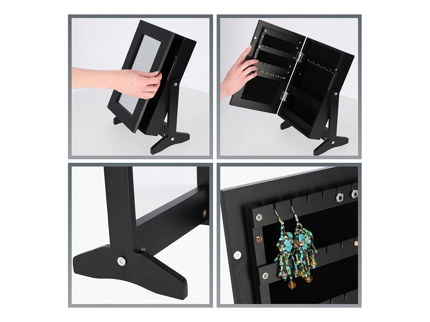 Coffret à bijoux KADAX avec miroir, 21 x 15 x 30,5 cm, boîte en panneau MDF, boîte à bijoux avec pieds, écrin à bijoux pour colliers, bagues (noir)