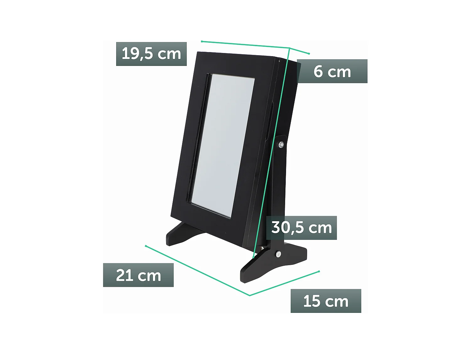 Coffret à bijoux KADAX avec miroir, 21 x 15 x 30,5 cm, boîte en panneau MDF, boîte à bijoux avec pieds, écrin à bijoux pour colliers, bagues (noir)