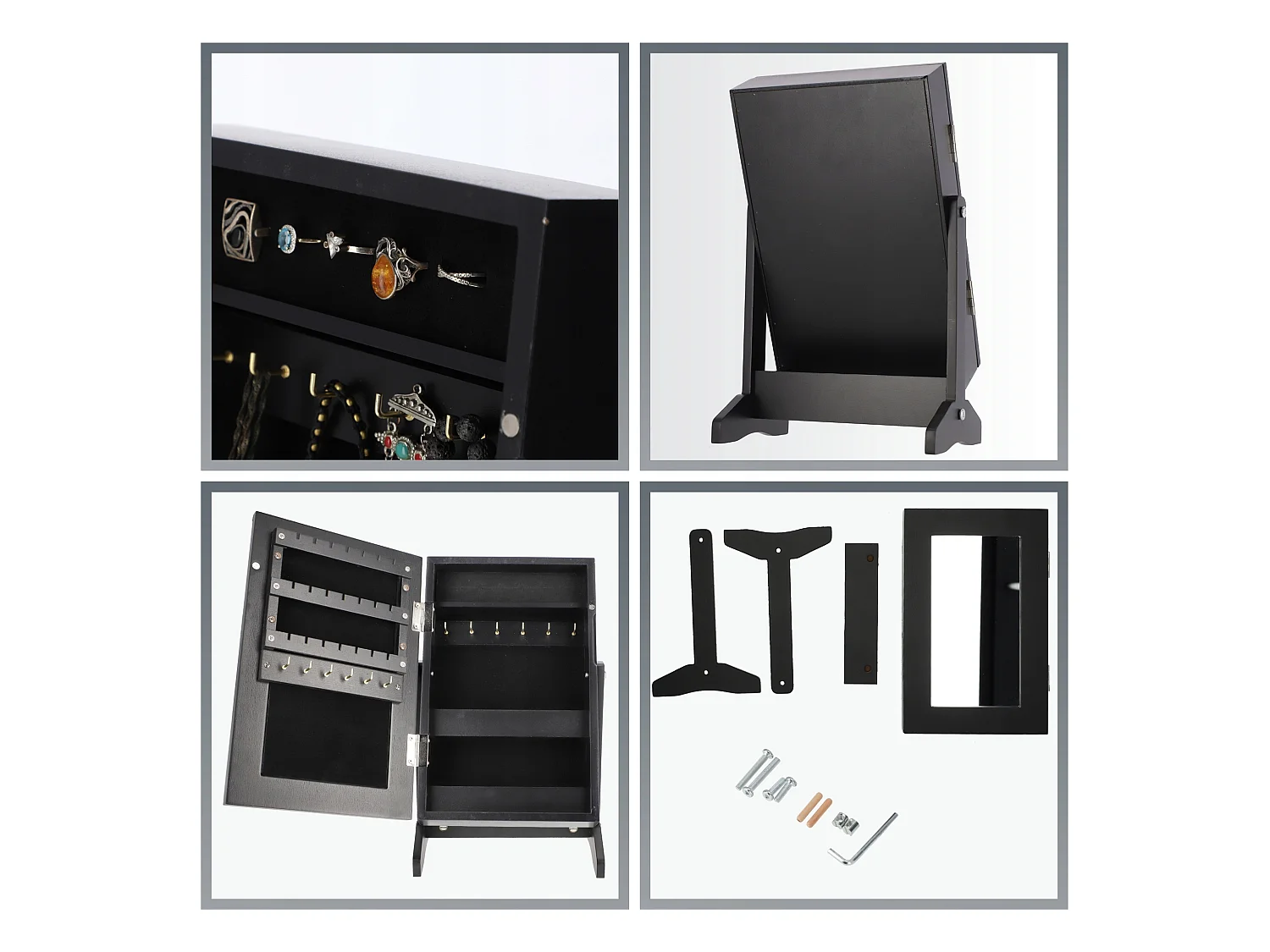 Coffret à bijoux KADAX avec miroir, 21 x 15 x 30,5 cm, boîte en panneau MDF, boîte à bijoux avec pieds, écrin à bijoux pour colliers, bagues (noir)