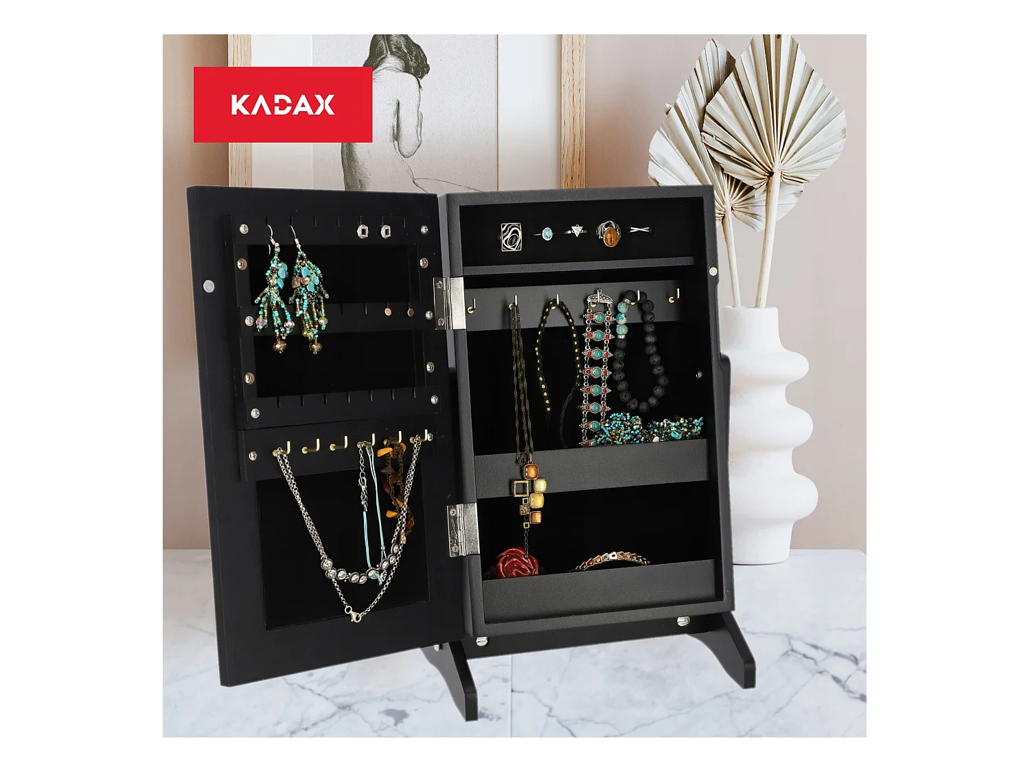 Coffret à bijoux KADAX avec miroir, 21 x 15 x 30,5 cm, boîte en panneau MDF, boîte à bijoux avec pieds, écrin à bijoux pour colliers, bagues (noir)