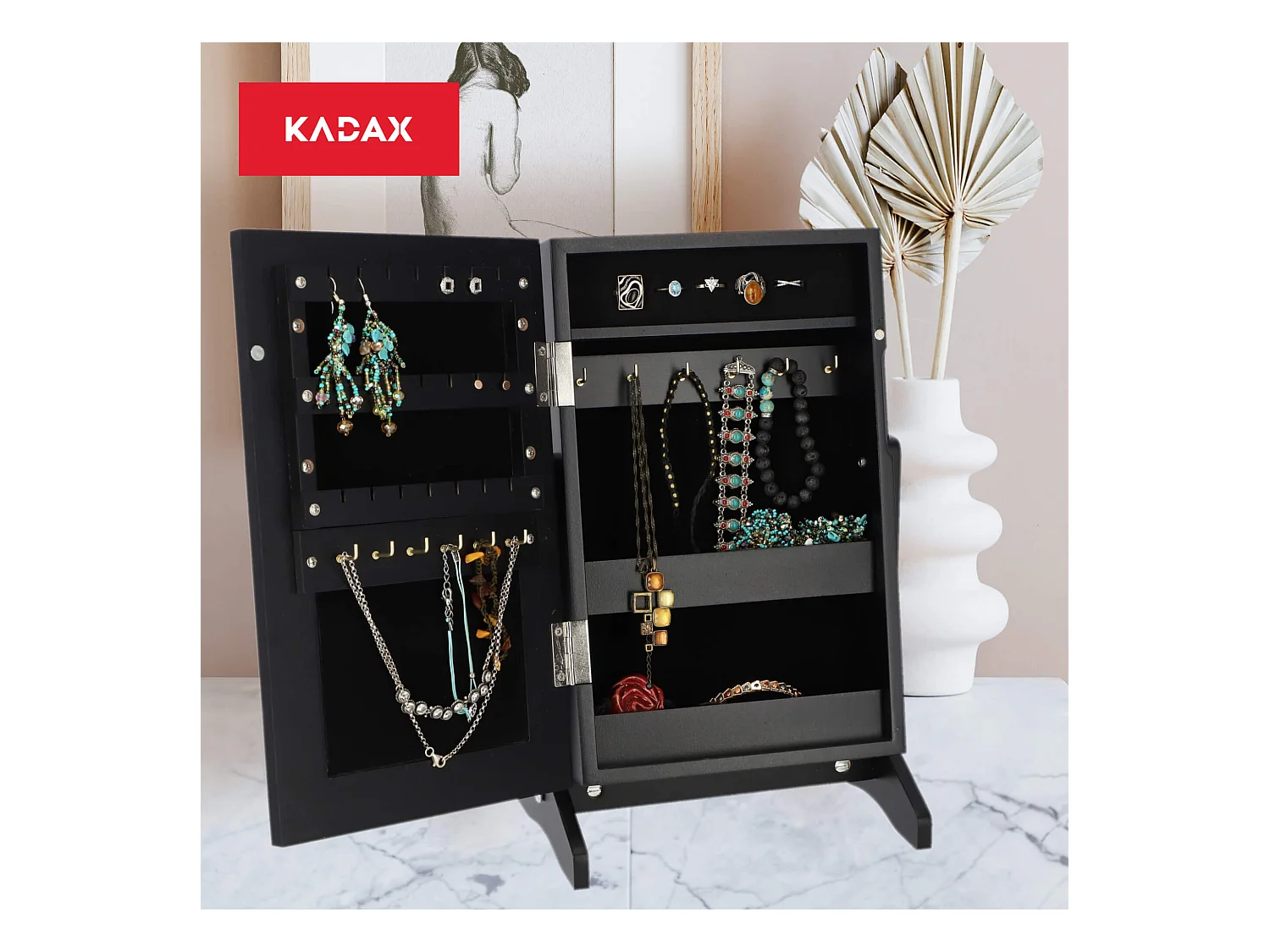 Coffret à bijoux KADAX avec miroir, 21 x 15 x 30,5 cm, boîte en panneau MDF, boîte à bijoux avec pieds, écrin à bijoux pour colliers, bagues (noir)