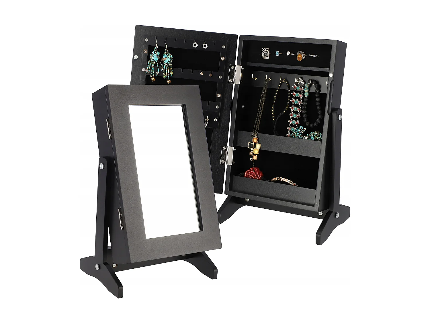 Coffret à bijoux KADAX avec miroir, 21 x 15 x 30,5 cm, boîte en panneau MDF, boîte à bijoux avec pieds, écrin à bijoux pour colliers, bagues (noir)