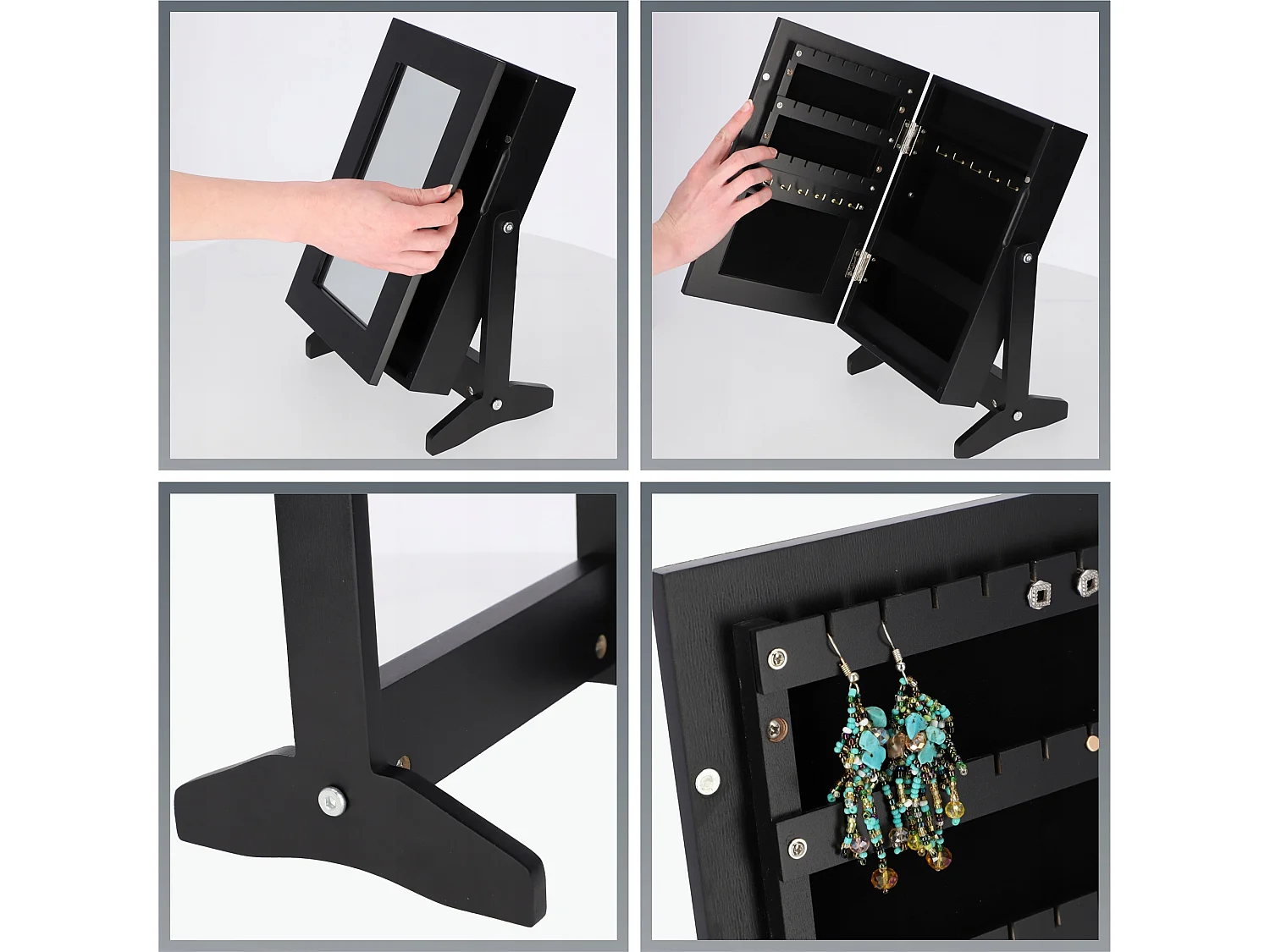 Coffret à bijoux KADAX avec miroir, 21 x 15 x 30,5 cm, boîte en panneau MDF, boîte à bijoux avec pieds, écrin à bijoux pour colliers, bagues (noir)