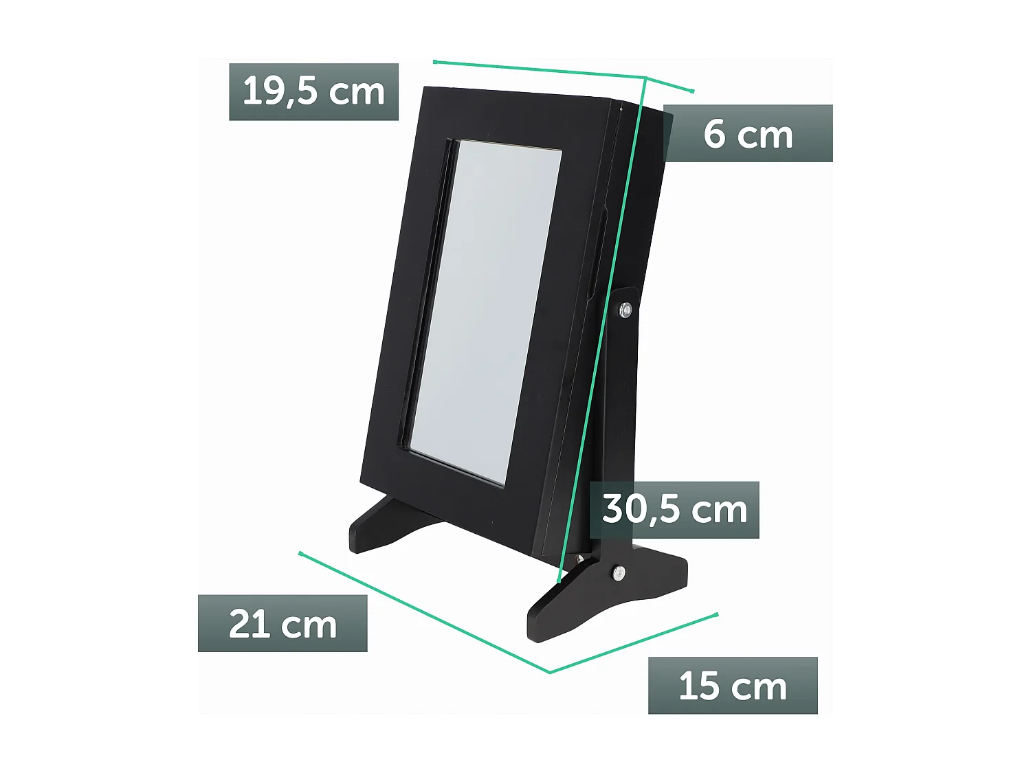 Coffret à bijoux KADAX avec miroir, 21 x 15 x 30,5 cm, boîte en panneau MDF, boîte à bijoux avec pieds, écrin à bijoux pour colliers, bagues (noir)