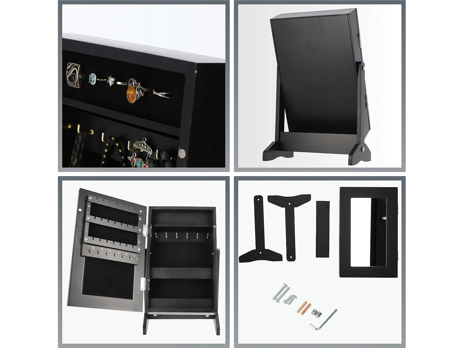 Coffret à bijoux KADAX avec miroir, 21 x 15 x 30,5 cm, boîte en panneau MDF, boîte à bijoux avec pieds, écrin à bijoux pour colliers, bagues (noir)