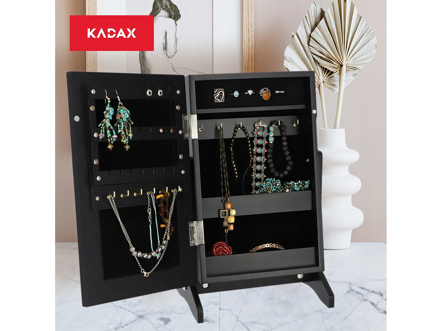 Coffret à bijoux KADAX avec miroir, 21 x 15 x 30,5 cm, boîte en panneau MDF, boîte à bijoux avec pieds, écrin à bijoux pour colliers, bagues (noir)