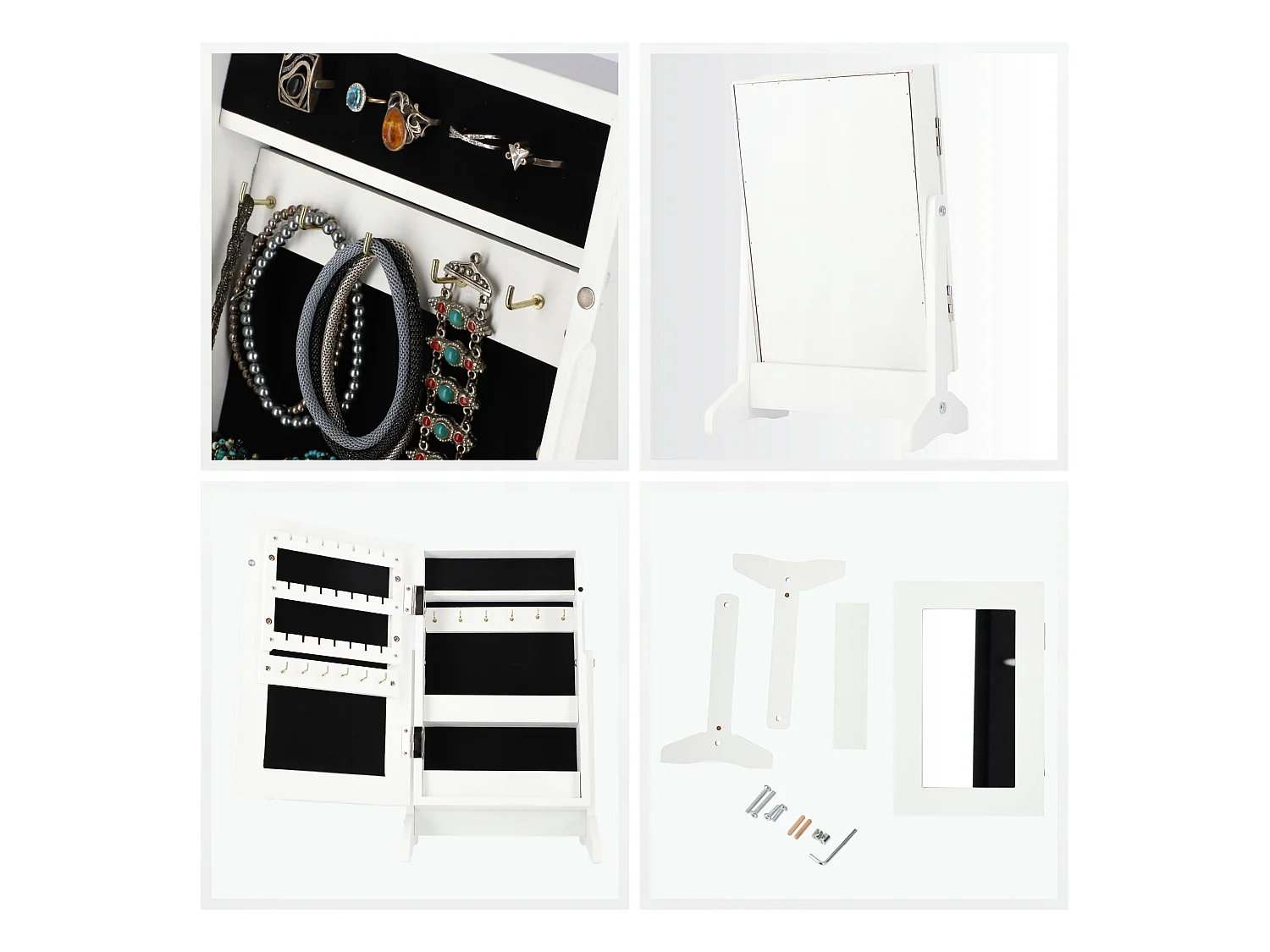 Coffret à bijoux KADAX avec miroir, 21 x 15 x 38,5 cm, boîte en panneau MDF, boîte à bijoux avec pieds, écrin à bijoux pour colliers, bagues (blanc)