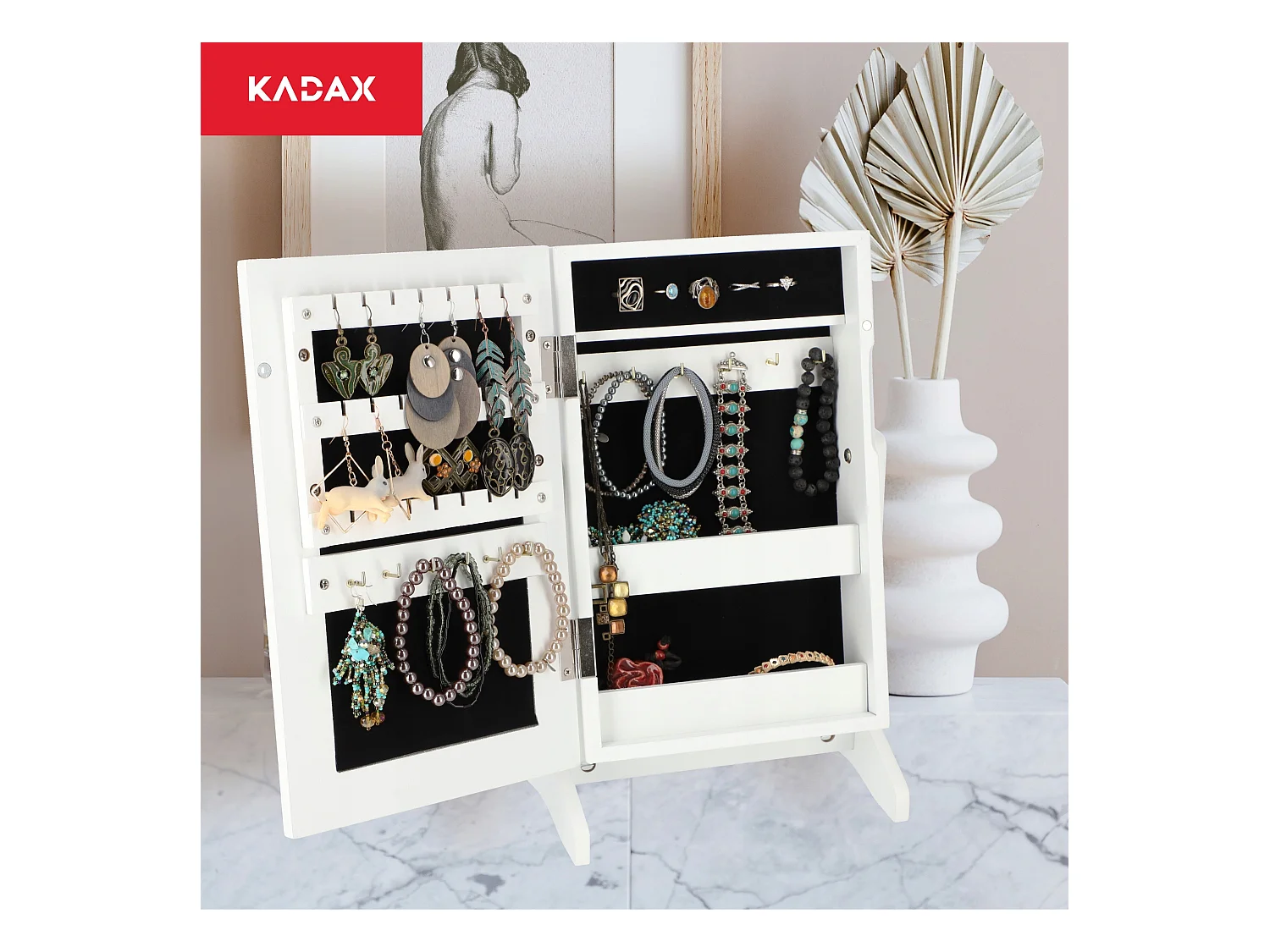 Coffret à bijoux KADAX avec miroir, 21 x 15 x 38,5 cm, boîte en panneau MDF, boîte à bijoux avec pieds, écrin à bijoux pour colliers, bagues (blanc)