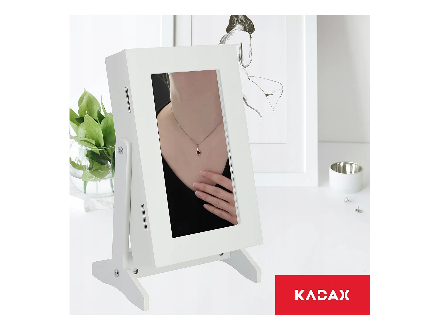 Coffret à bijoux KADAX avec miroir, 21 x 15 x 38,5 cm, boîte en panneau MDF, boîte à bijoux avec pieds, écrin à bijoux pour colliers, bagues (blanc)