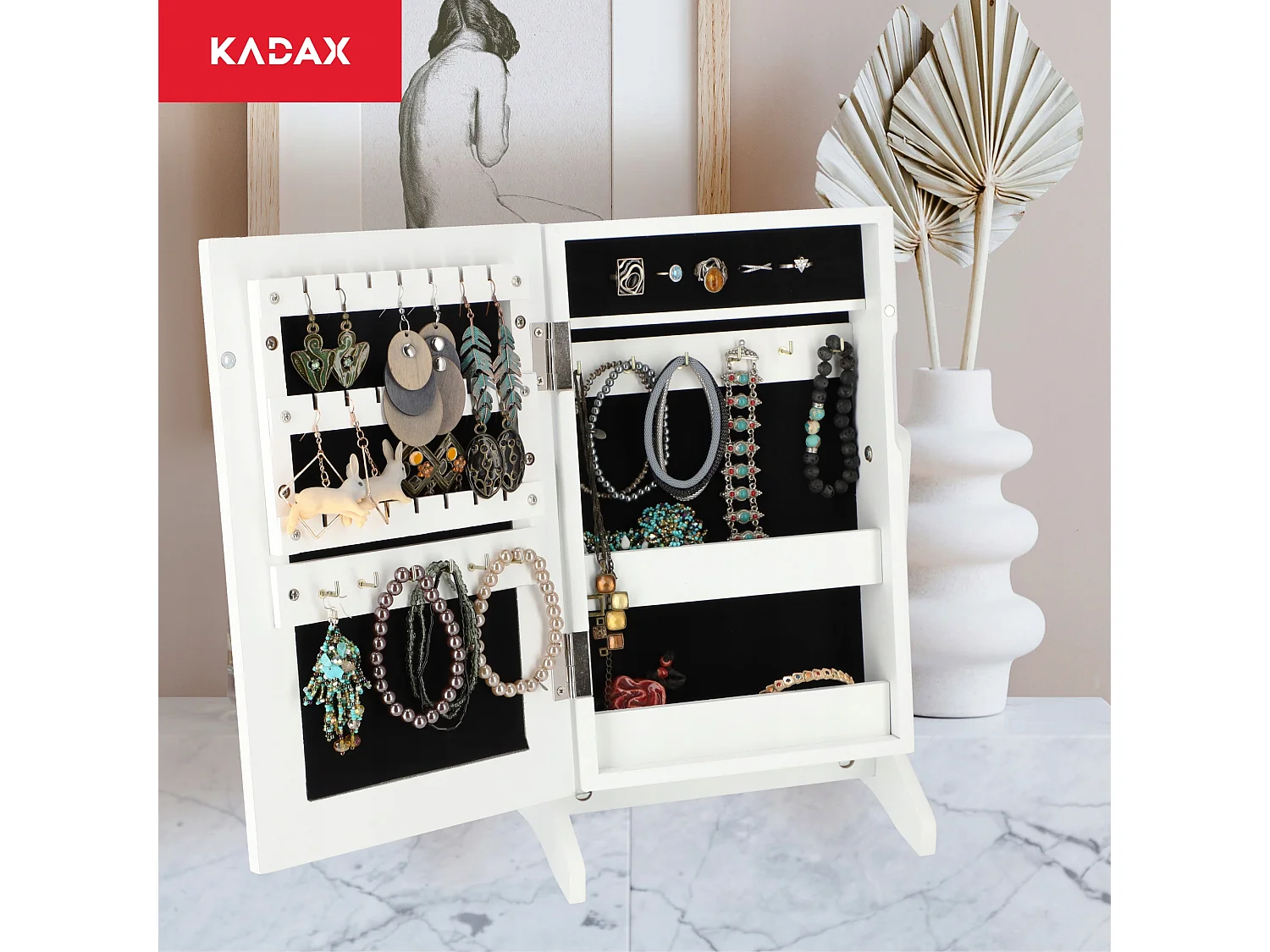 KADAX Tocador joyero con espejo, caja de pie blanca