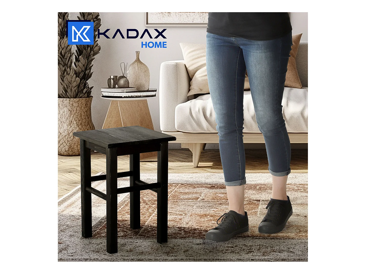 KADAX Taboret drewniany Rena 44x30 cm kwadratowy czarny