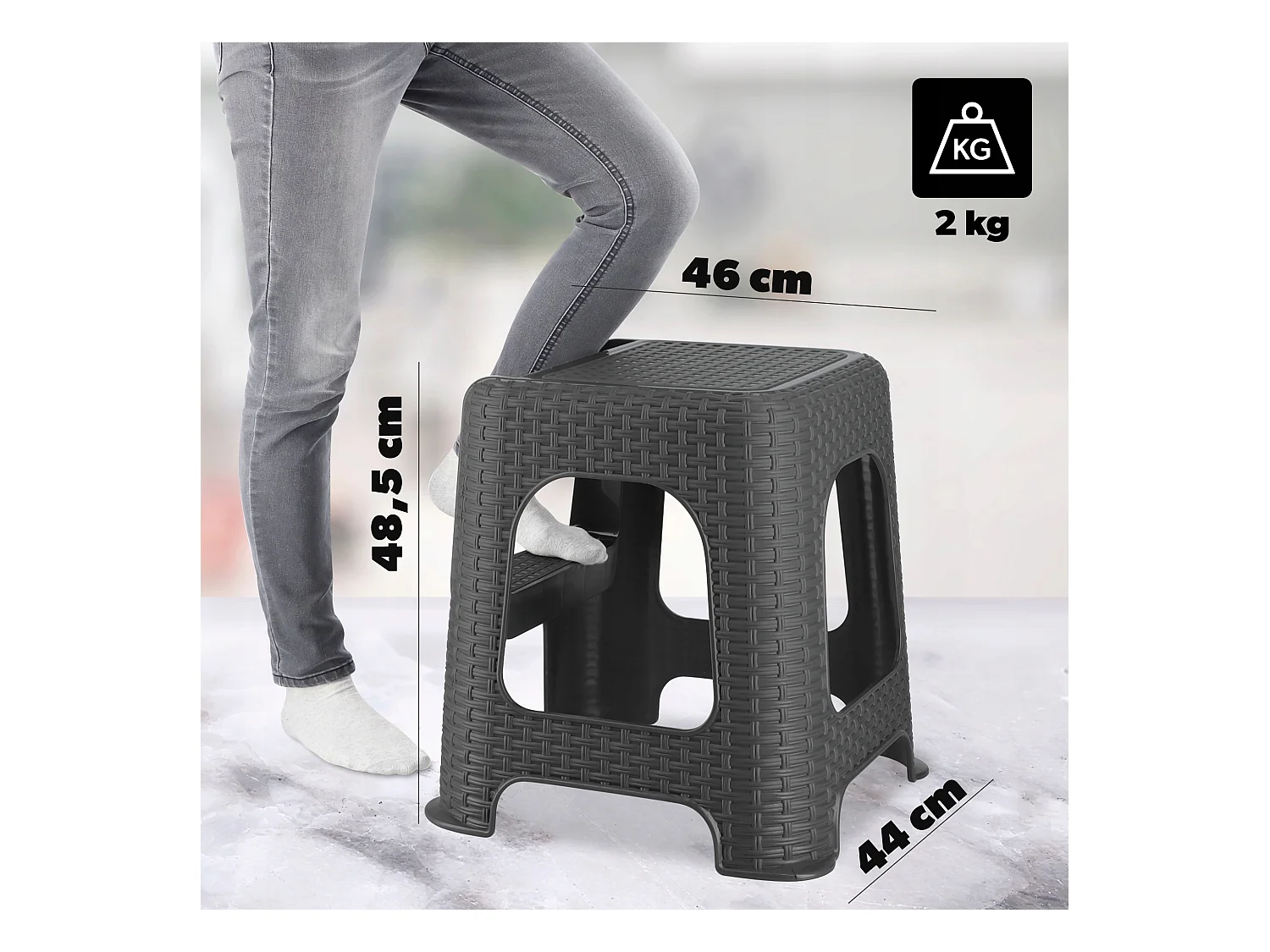 Tabouret KADAX en matériaux plastiques recyclés, escabeau, jusqu'à 160 kg, tabouret en rotin avec pieds antidérapants, tabouret de salle de bain à gradins,