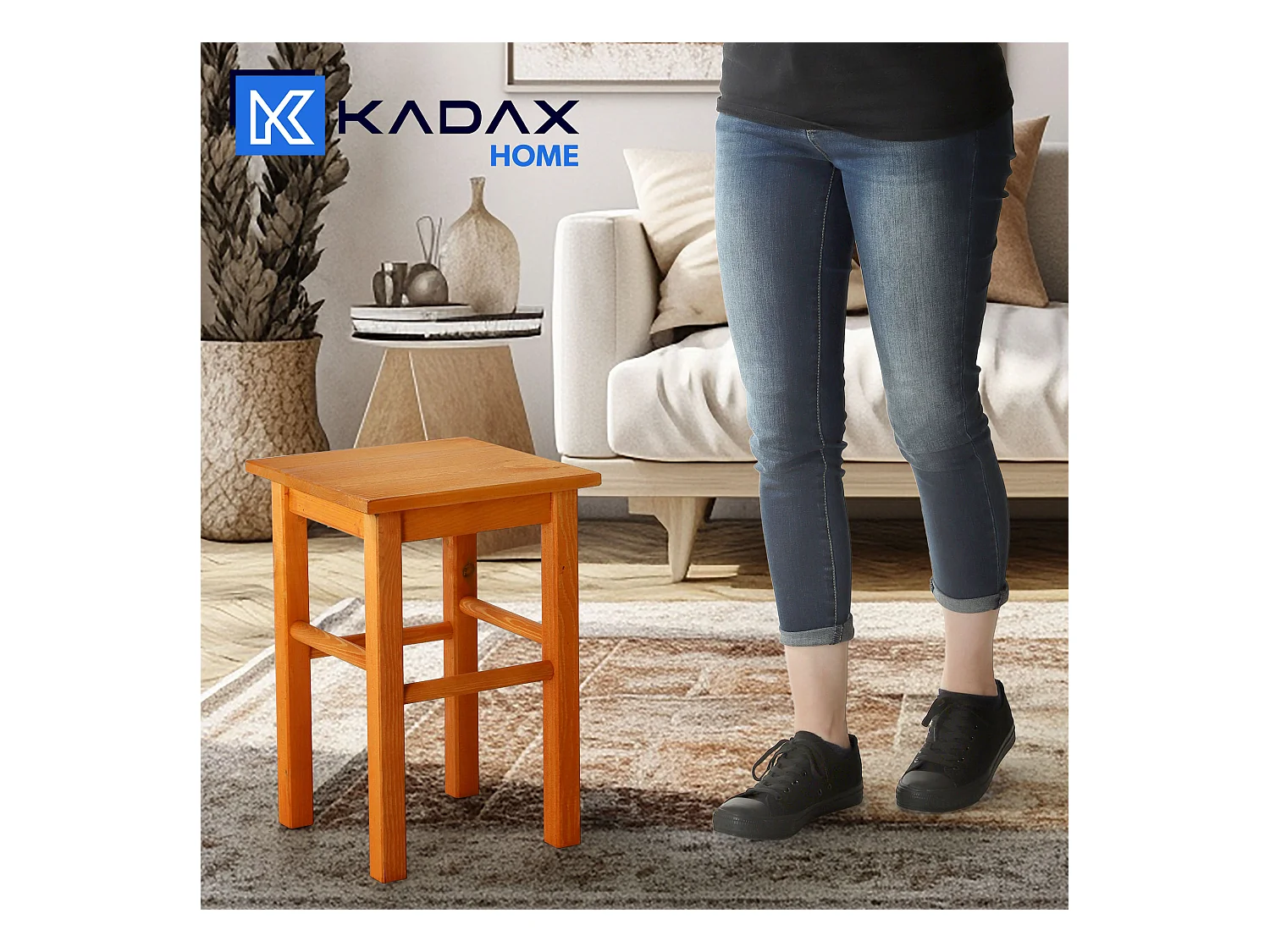 KADAX Taboret drewniany Rena 44x30 cm kwadratowy pomarańczowy