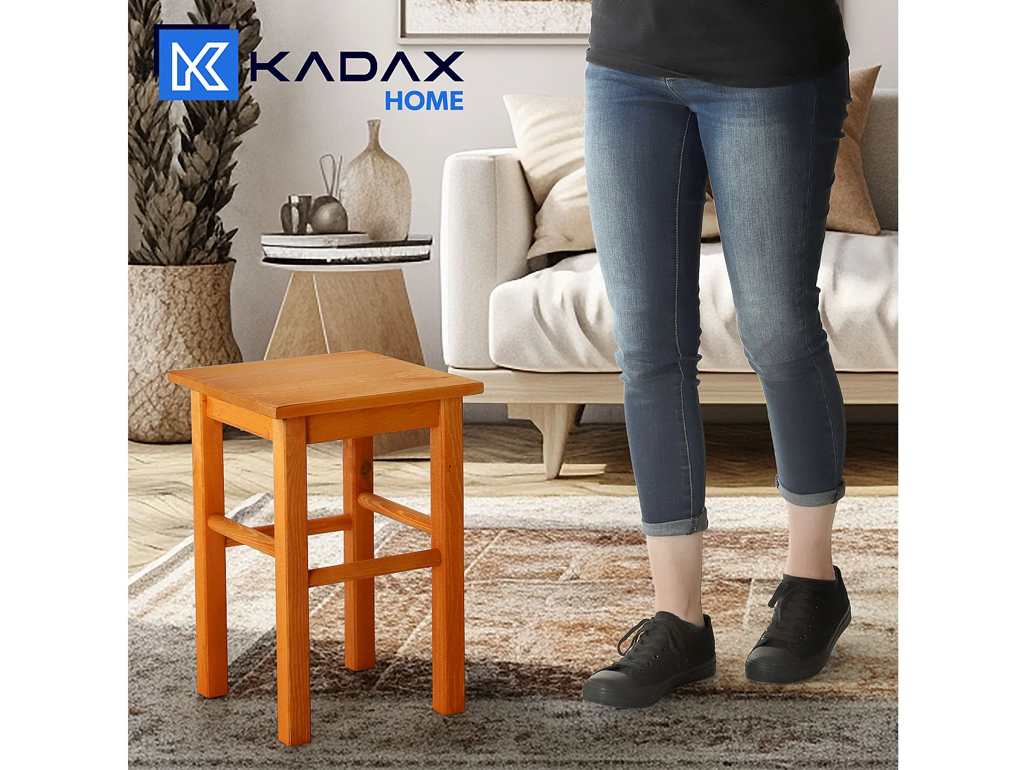 Tabouret en bois KADAX - Repose-pieds en pin naturel non verni, repose-pieds en 3 modèles, tabouret de bar, marchepied (carré marron)