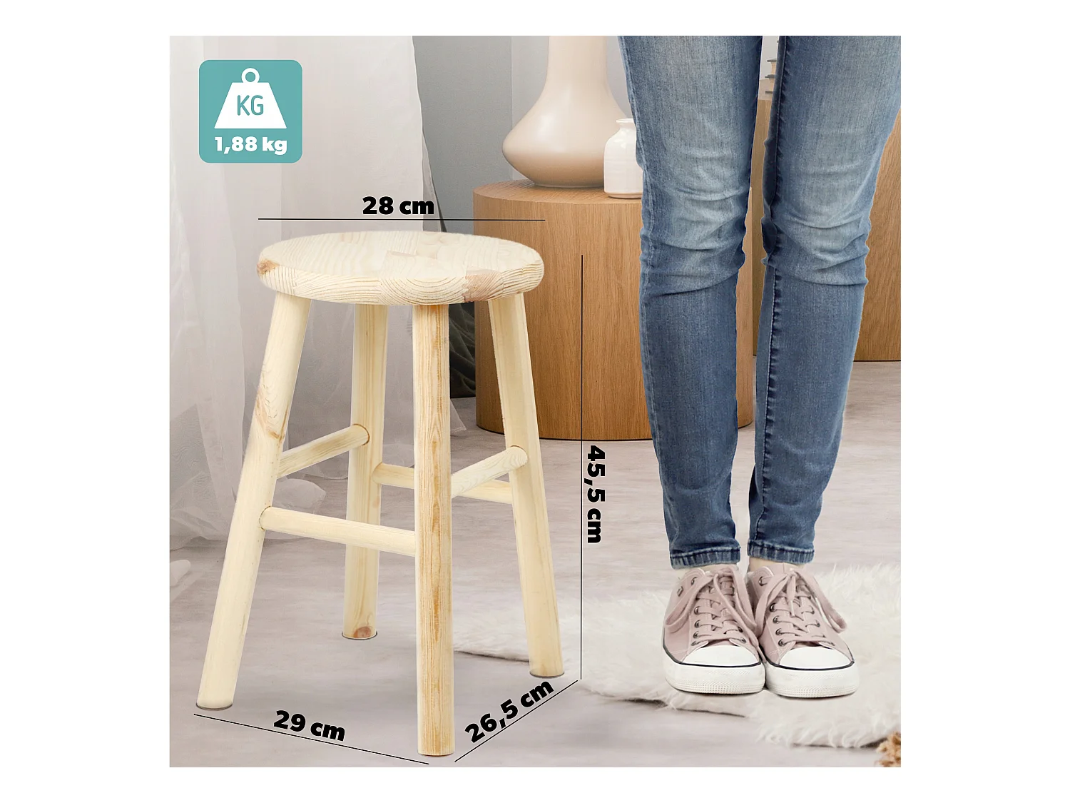 KADAX Taboret drewniany Falun 45 x 29 cm, naturalny