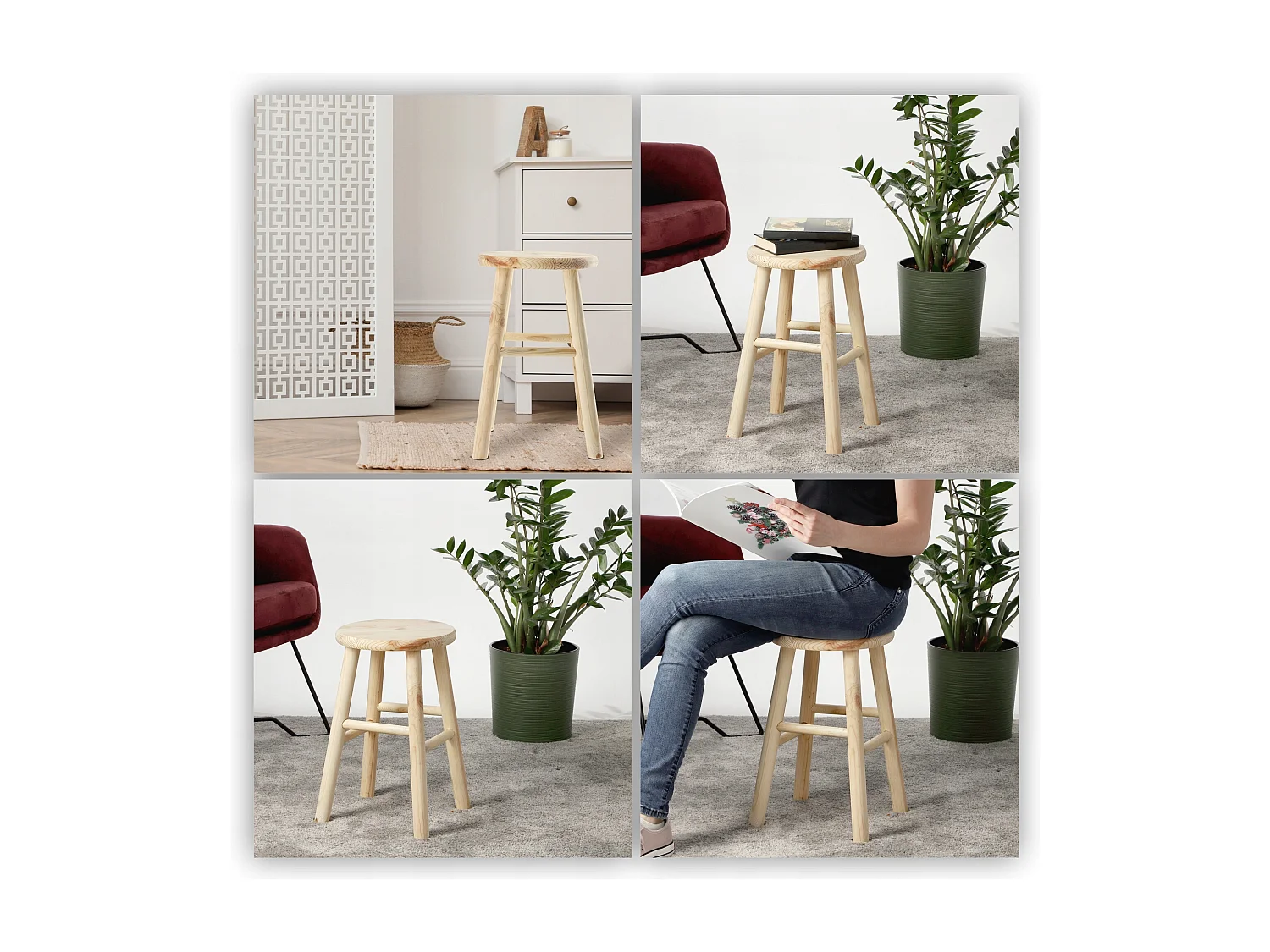 Tabouret en bois KADAX - Repose-pieds en pin naturel non verni, repose-pieds en 3 modèles, tabouret de bar, marchepied (rond)