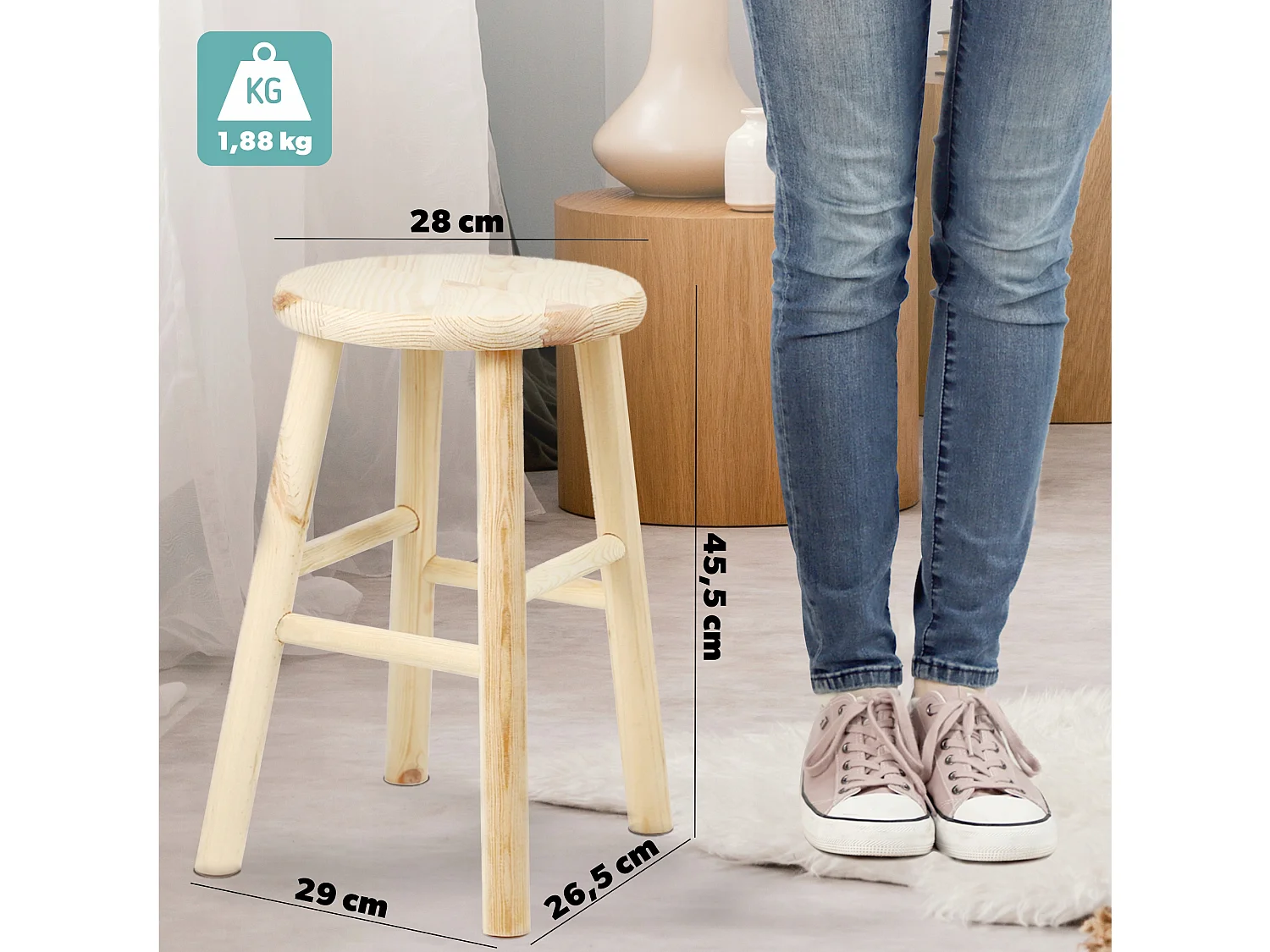 Tabouret en bois KADAX - Repose-pieds en pin naturel non verni, repose-pieds en 3 modèles, tabouret de bar, marchepied (rond)