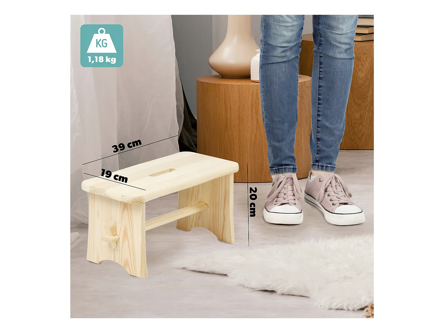 KADAX Taboret drewniany Falun 39 x 20 cm, naturalny