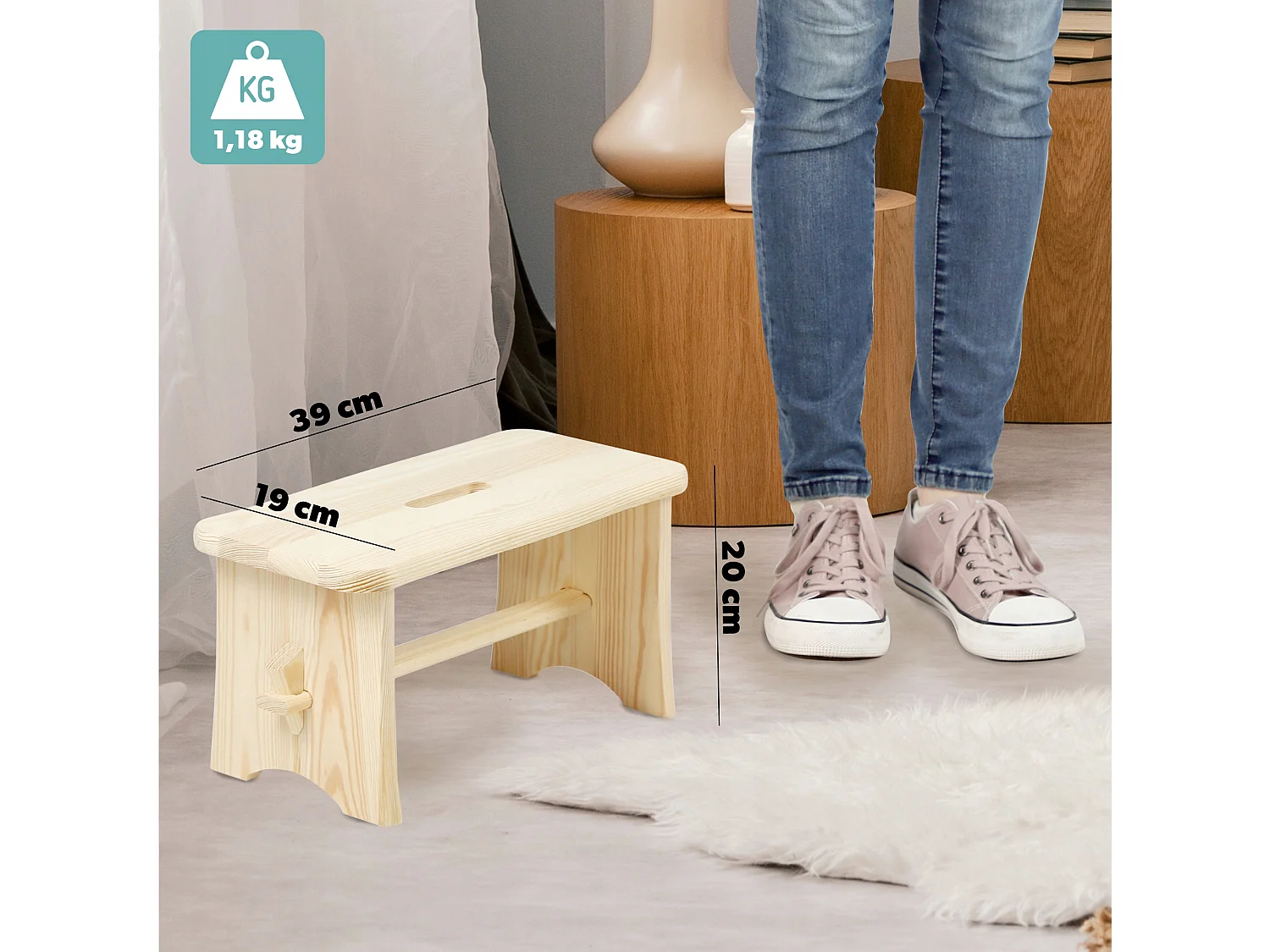 Tabouret en bois KADAX - Repose-pieds en pin naturel non verni, repose-pieds en 3 modèles, tabouret de bar, marchepied (rectangulaire)