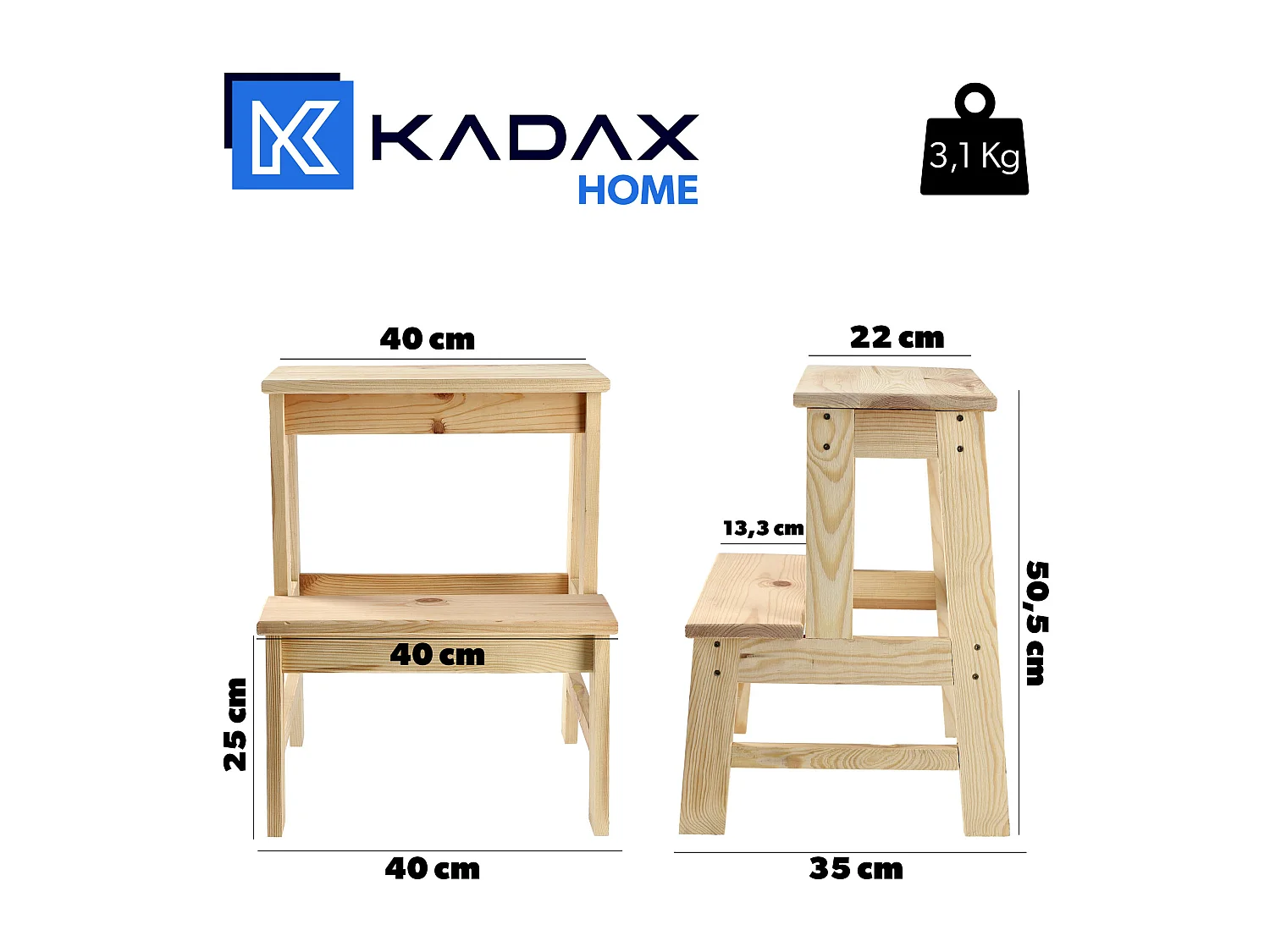 KADAX Taboret drewniany Falun drabinka 40 x 50 cm