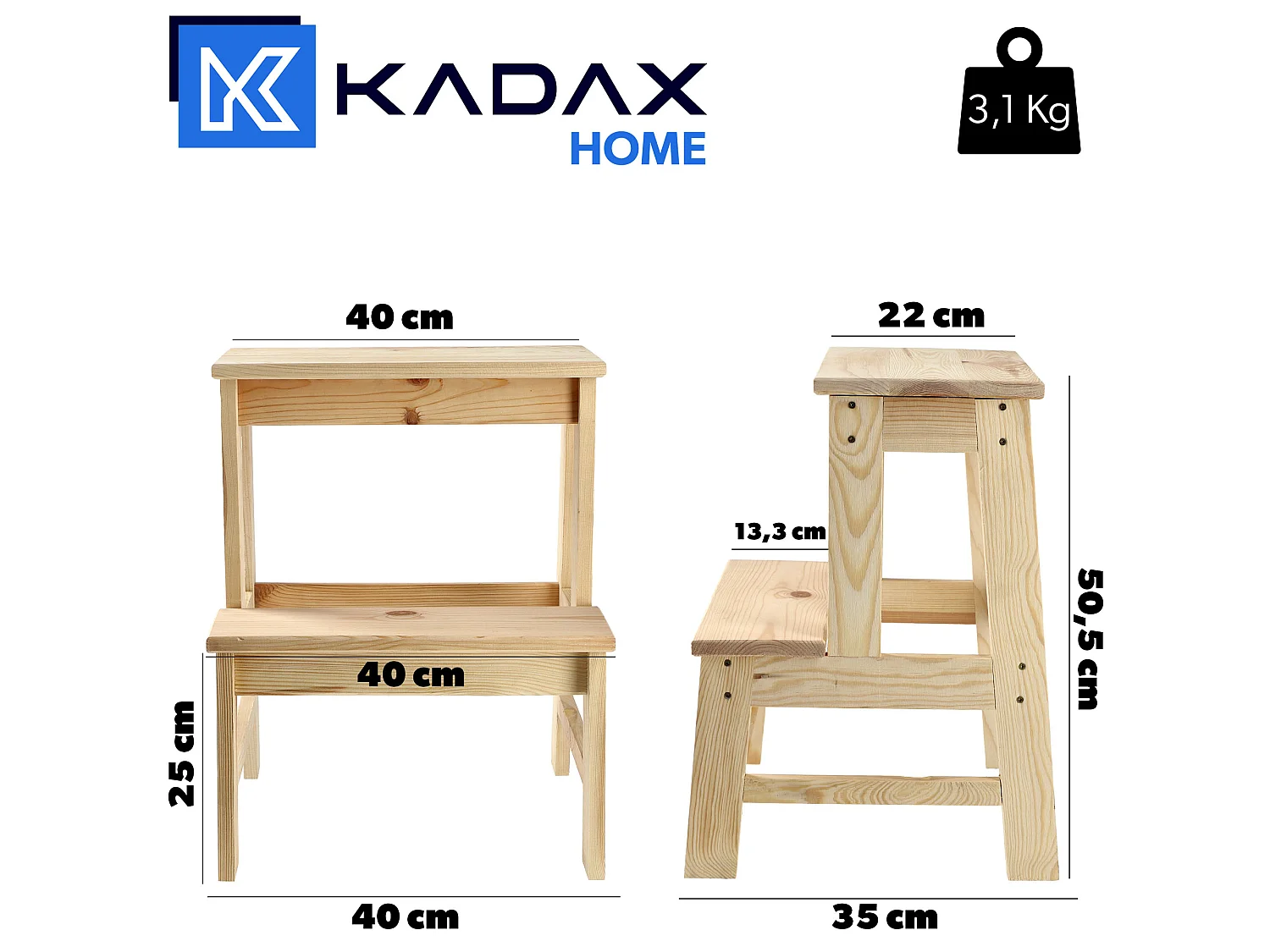 KADAX Houten kruk, voetenbank van natuurlijk ongelakt grenenhout, voetensteun in 3 verschillende modellen, barstoel, opstapkruk, kruk, kruk, houten kruk (ladder 2
